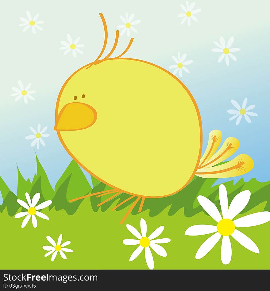 Eggy chicken character illustration with floral background and grass. Eggy chicken character illustration with floral background and grass