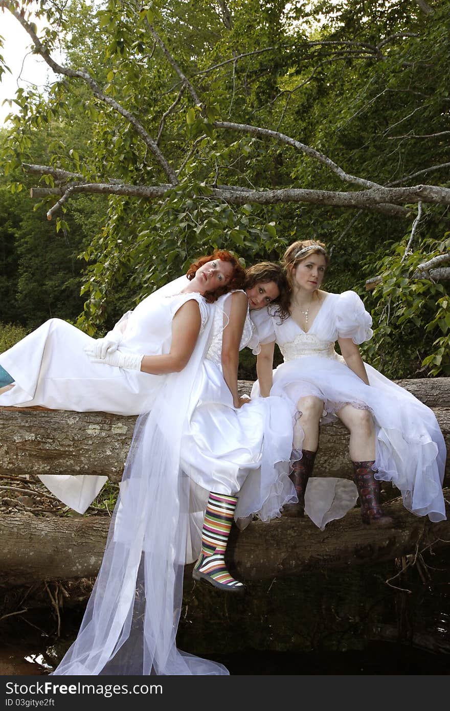 Three young women in bridal gowns have been abandoned, waiting for husbands. Three young women in bridal gowns have been abandoned, waiting for husbands.