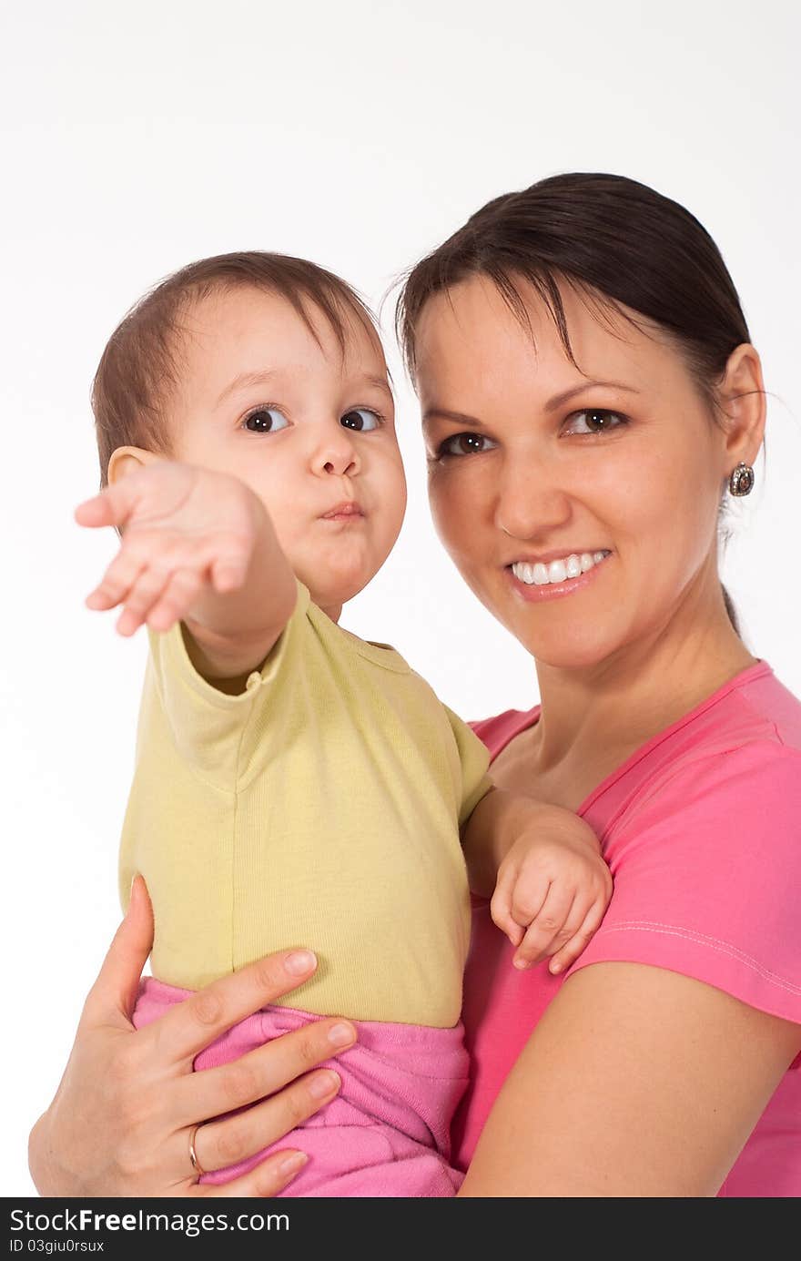 Happy mom with her daughter on white. Happy mom with her daughter on white