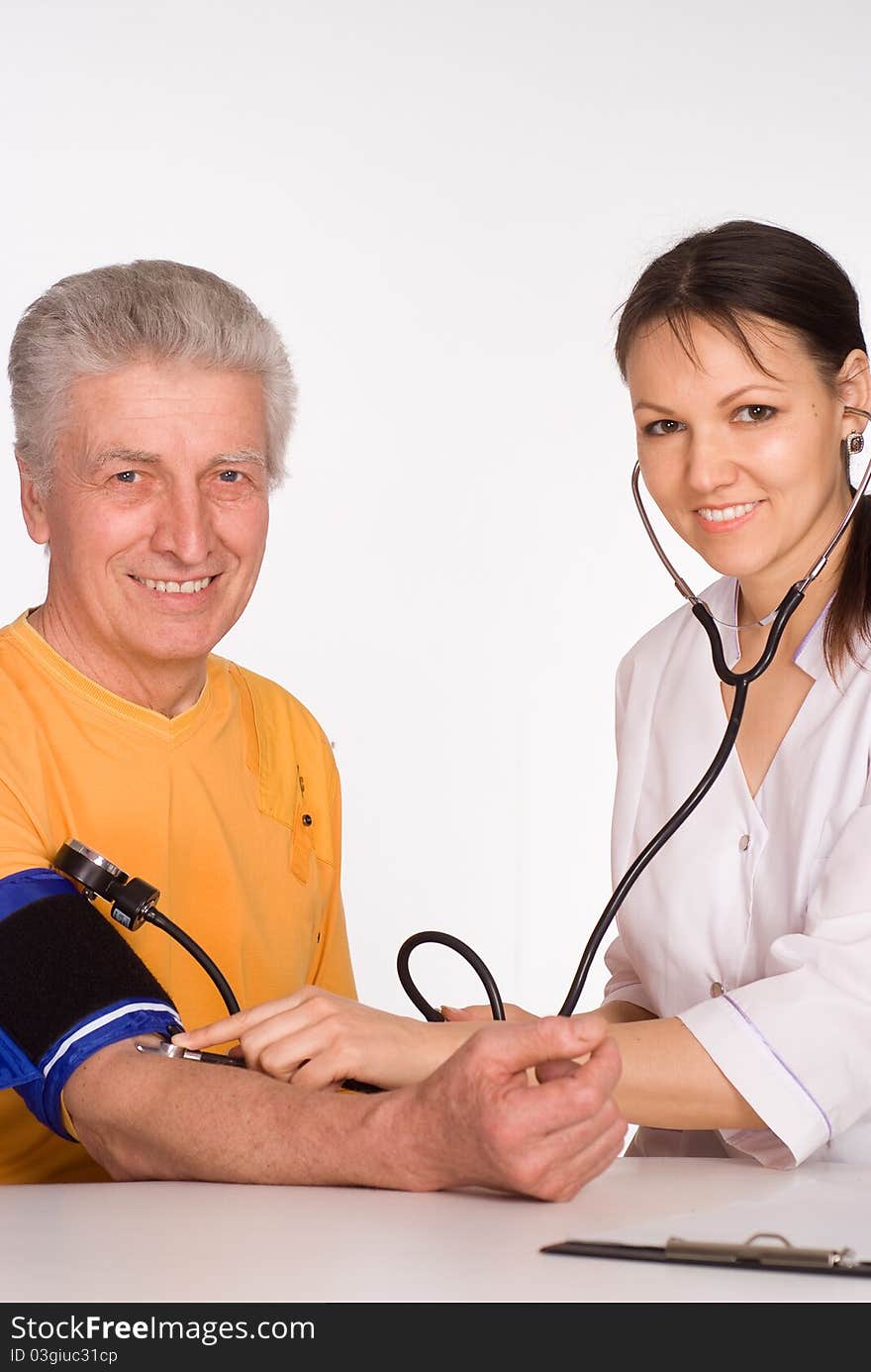 Young doctor with patient on white background. Young doctor with patient on white background