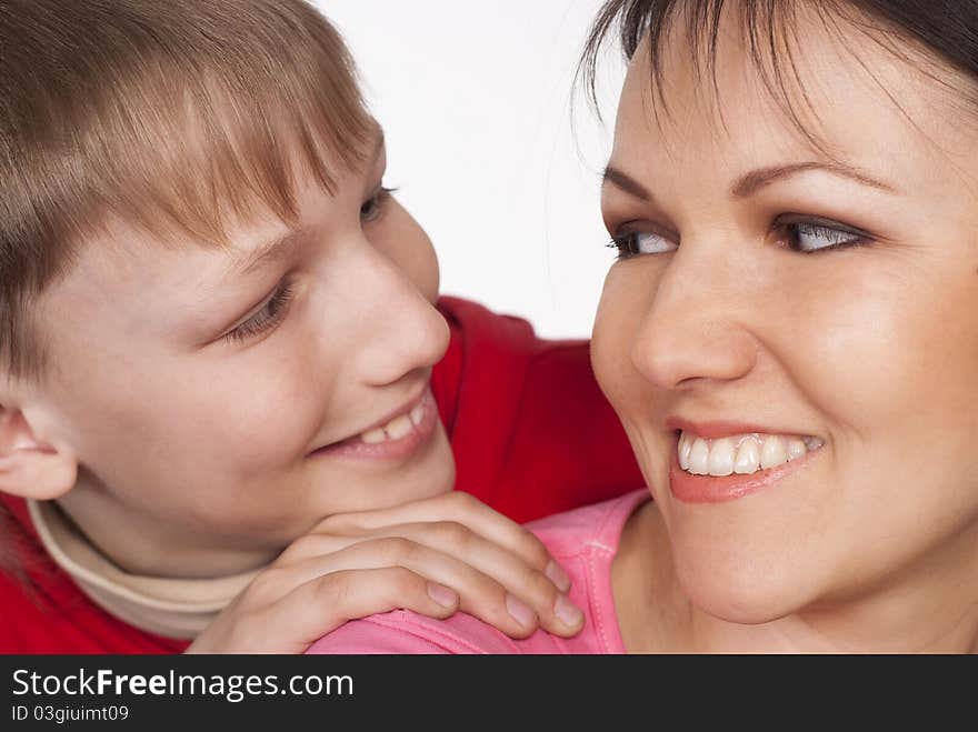 Mom with her son on a white background. Mom with her son on a white background