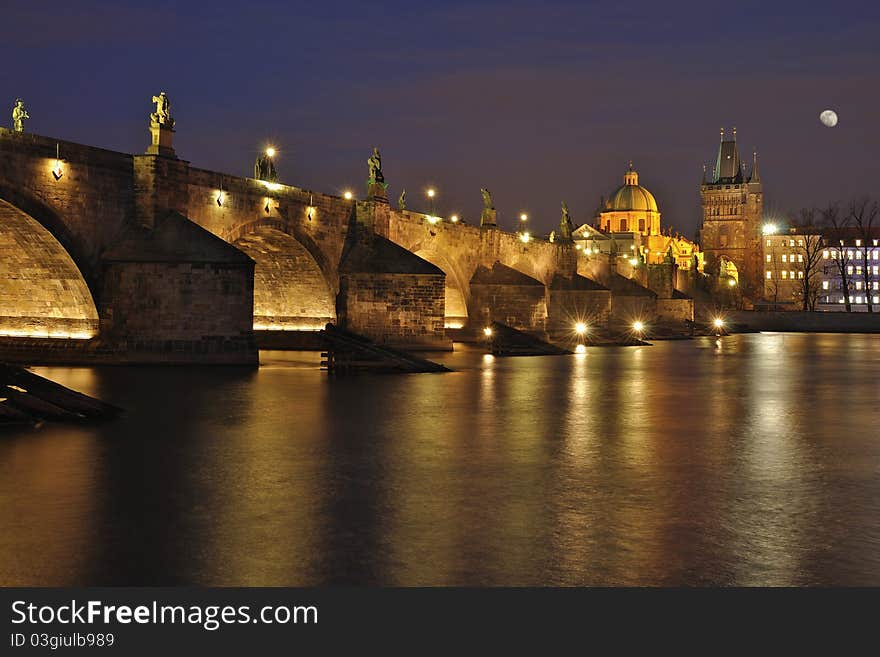 The Moon over the Prague Charles Bridge. The Moon over the Prague Charles Bridge