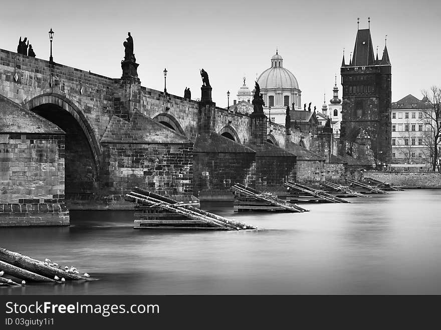 Black and White Prague Charles Bridge and Vltava River. Black and White Prague Charles Bridge and Vltava River