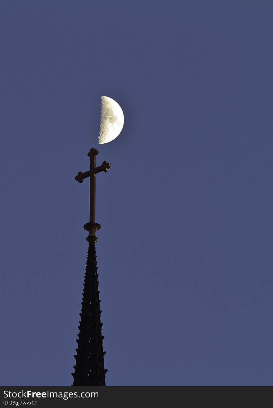 Night moon under a  blue sky