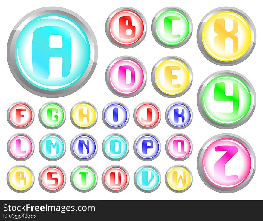 Vector transparent buttons alphabet on a white background