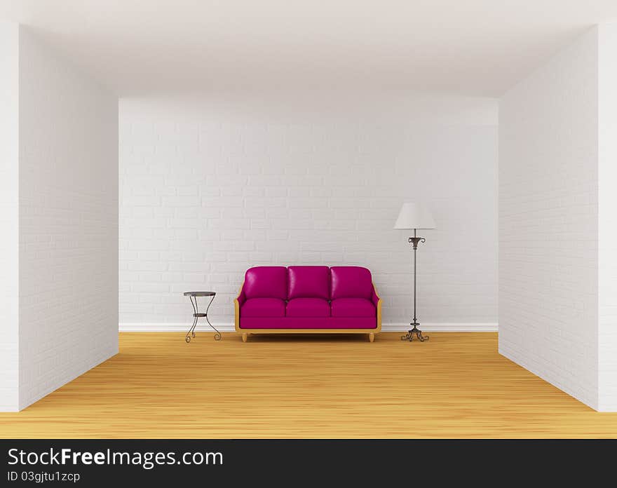 Purple couch, table and standard lamp in gallery's hall. Purple couch, table and standard lamp in gallery's hall