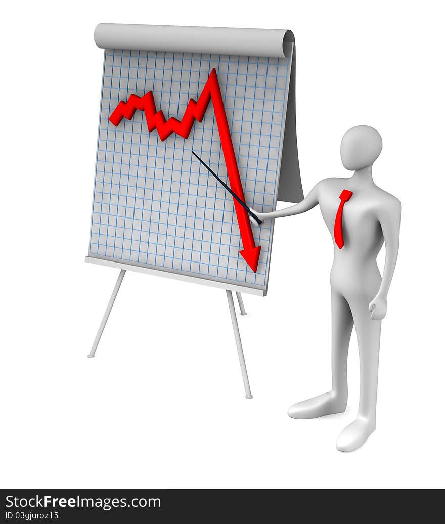 Businessman and diagram of crisis isolated over white