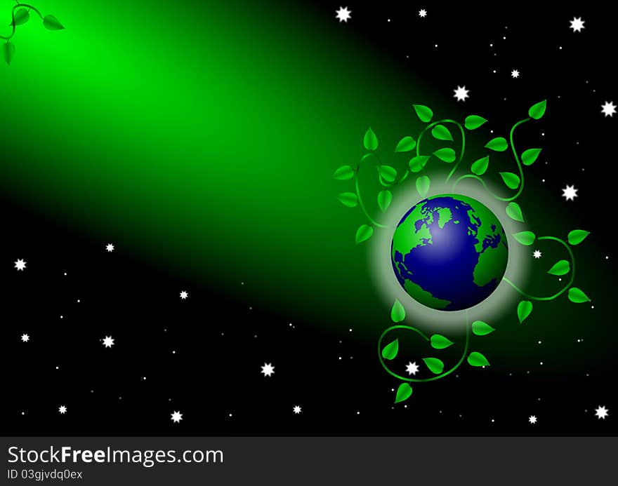 Abstract illustration of the earth under green spotlight with wines all around the earth