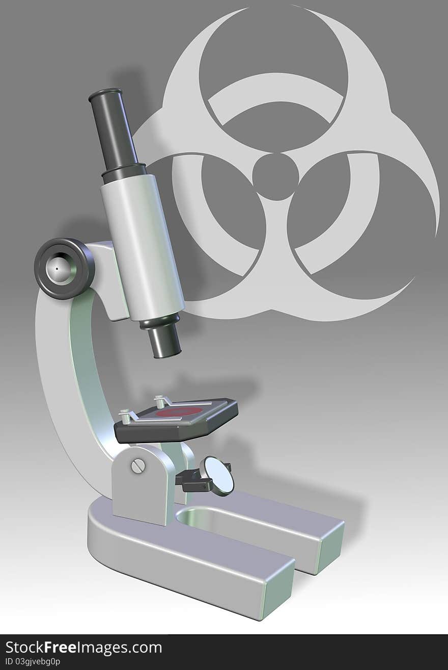 An illustration of a microscope and biohazard symbol with grey and white background