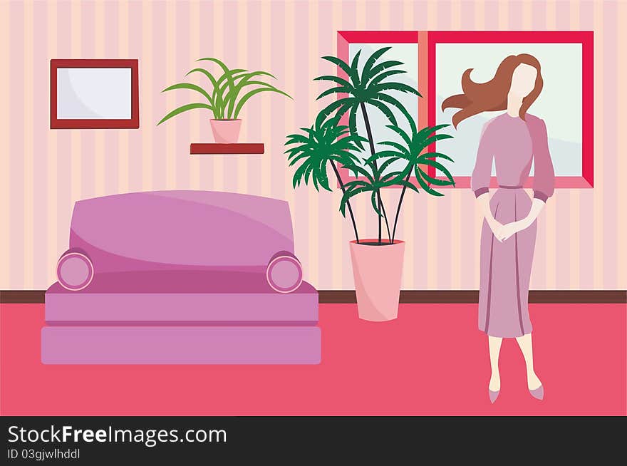 Illustration of interior of the apartment. Sofa, palm, striped wallpaper, woman. Illustration of interior of the apartment. Sofa, palm, striped wallpaper, woman.