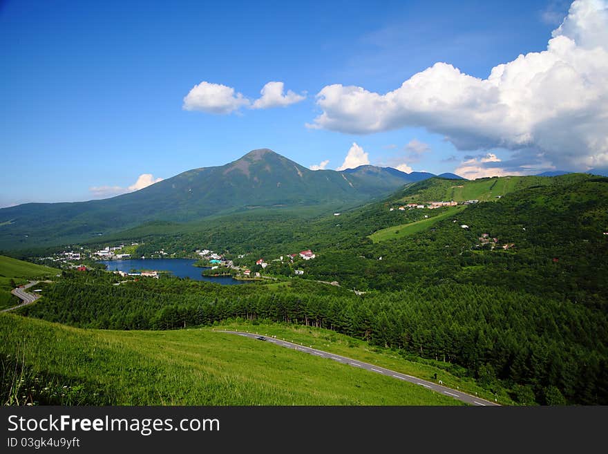 TATESHINA Mountain and SHIRAKABA lake in summer. TATESHINA Mountain and SHIRAKABA lake in summer