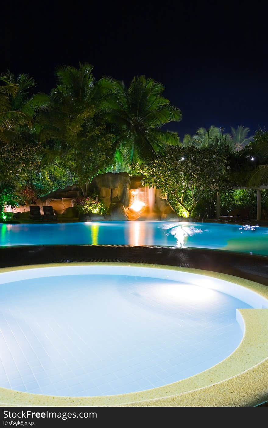 Pool And Waterfall At Night