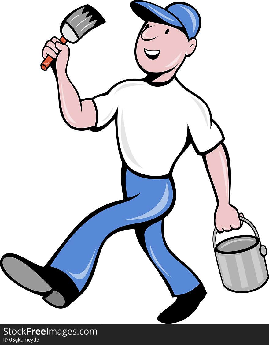 Illustration of a House painter with paintbrush and holding a paint can walking isolated on white done in cartoon style