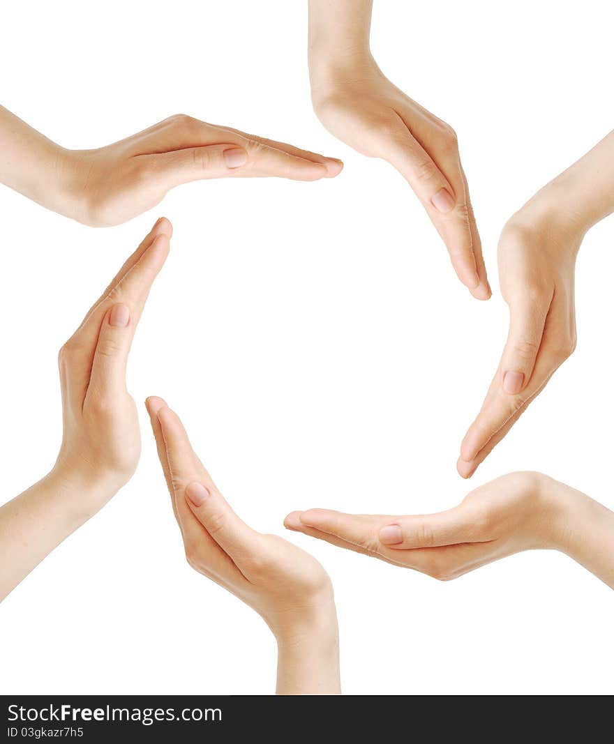 Female hands forming the recycling symbol on white background