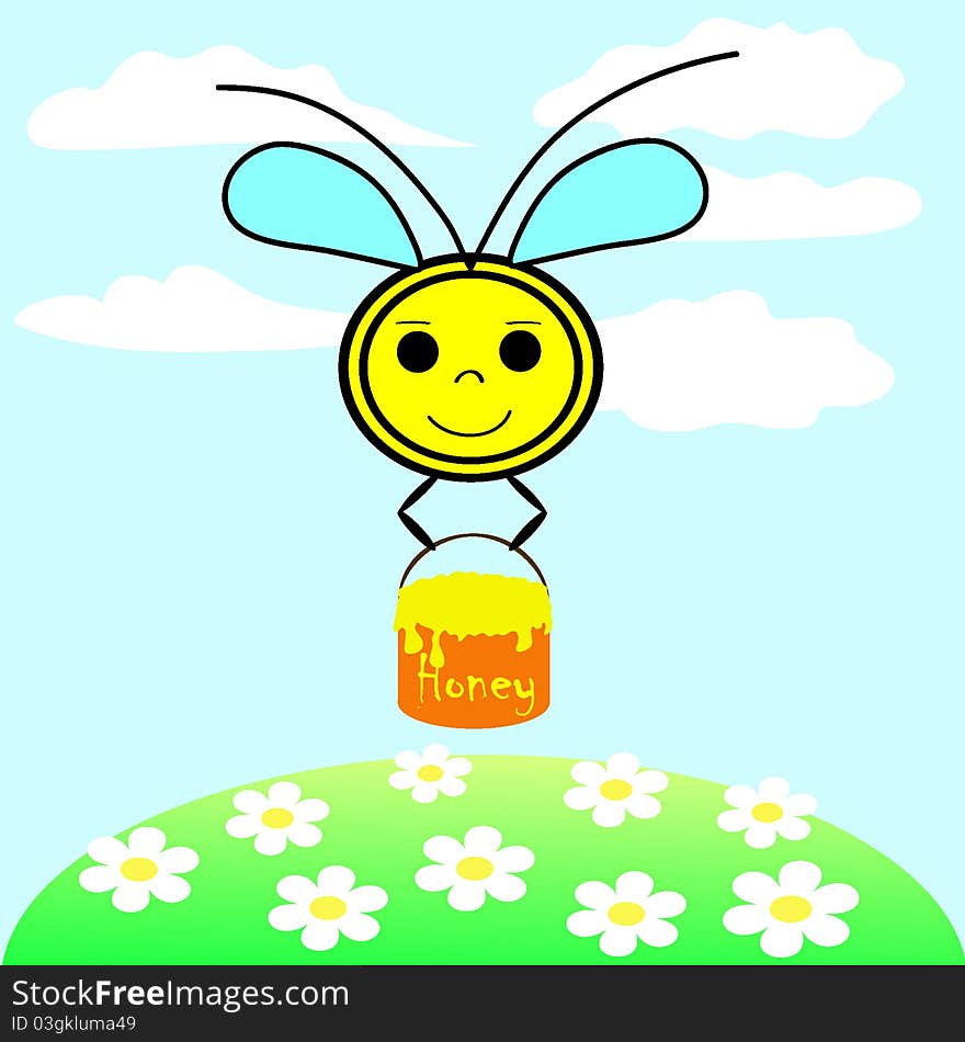 Flying bee holding a pot with honey. Vector illustration. EPS8