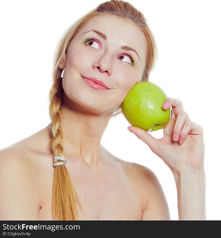 Portrait of young woman with red apple isolated on white. Portrait of young woman with red apple isolated on white