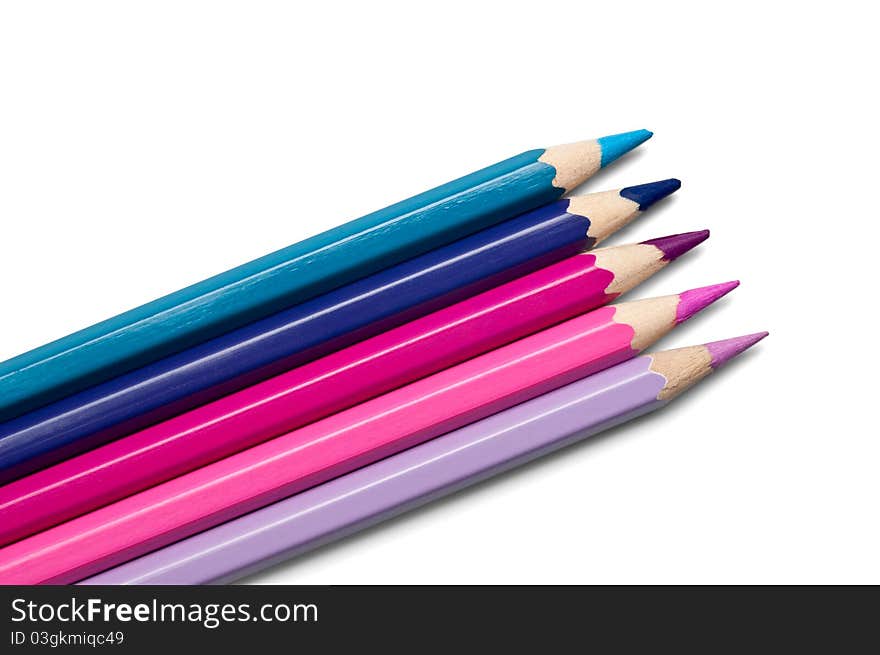 Set of colored pencils, violet-purple palette isolated