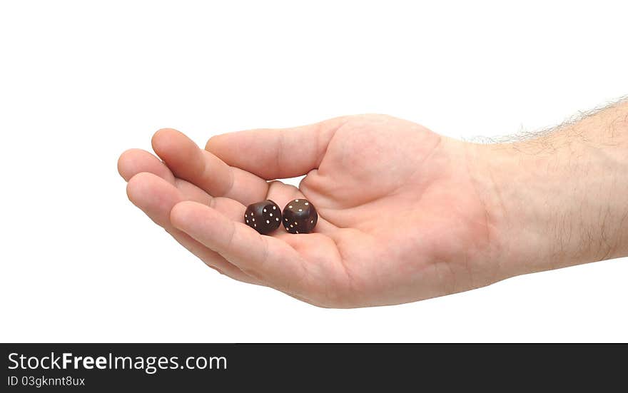 Hand throwing two dices isolated on white background