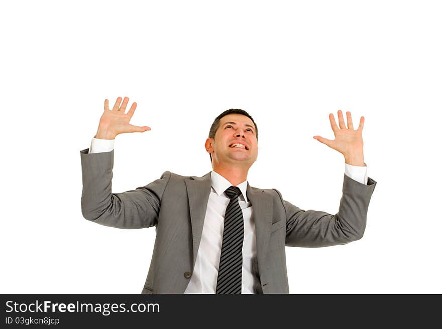 Businessman with hands up in white background