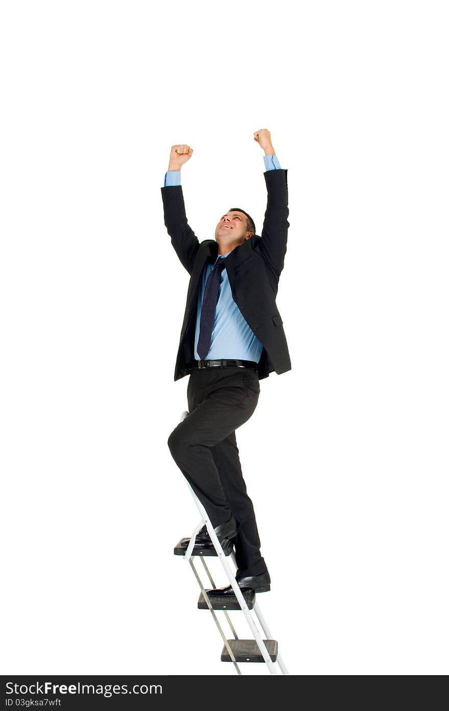 Businessman on a ladder in white background