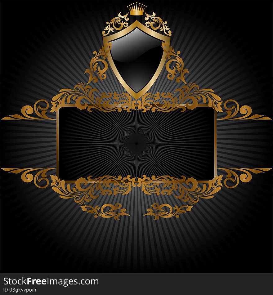 Horizontal banner and a frame with gold ornaments and a shield. Horizontal banner and a frame with gold ornaments and a shield