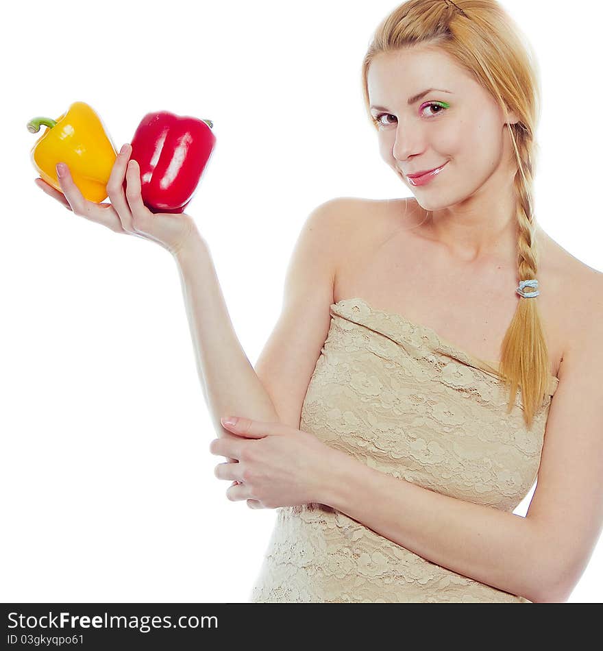 Woman With Yellow And Red Peppers