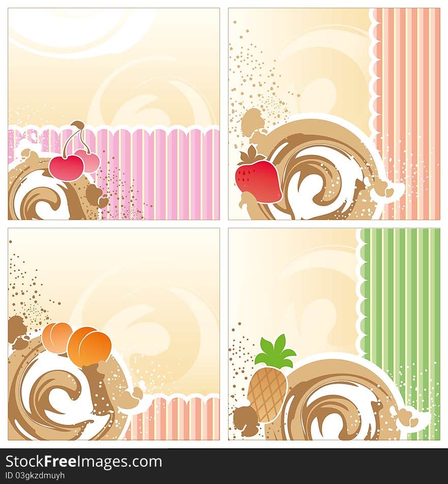 Set of backgrounds with a dairy dessert, fruit and chocolate