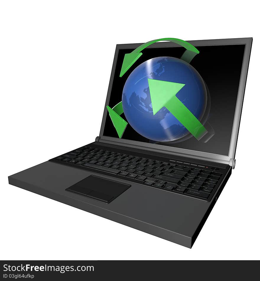 3d Laptop with globe and green arrow