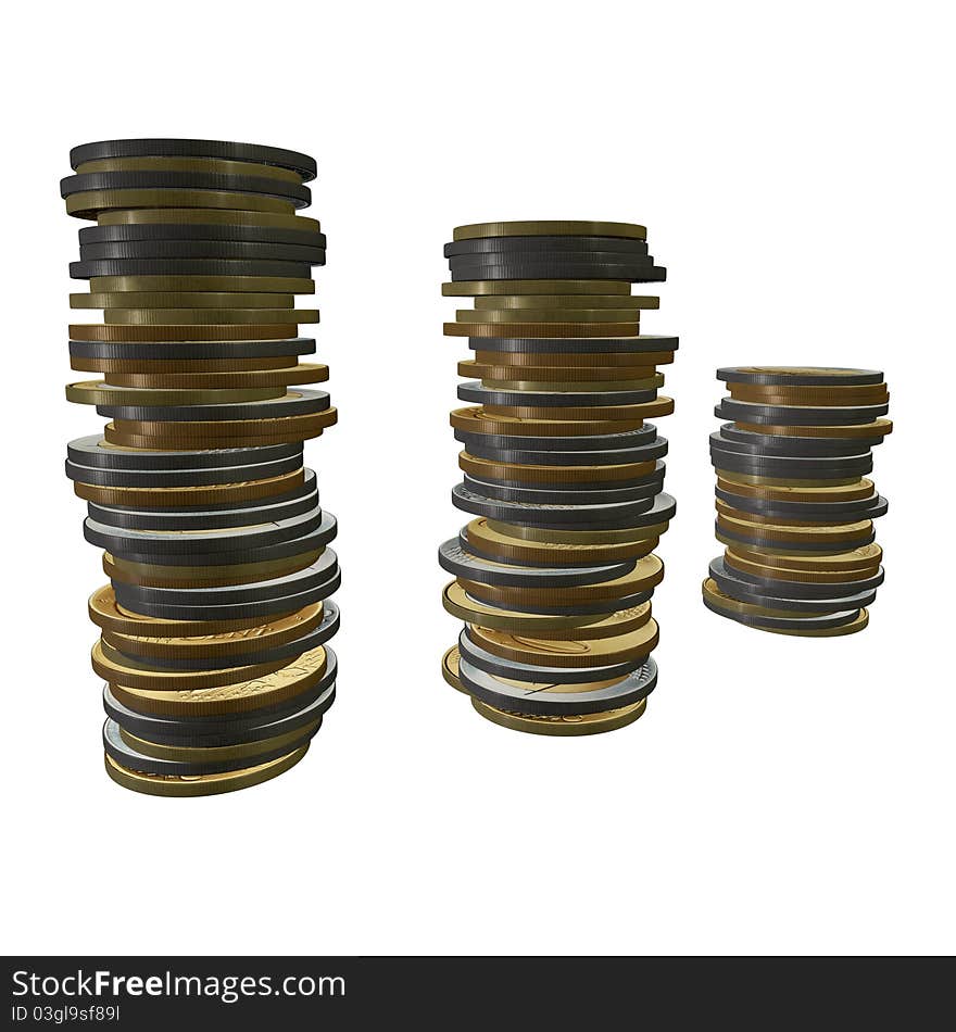 Pile of 3d euro coin on white background