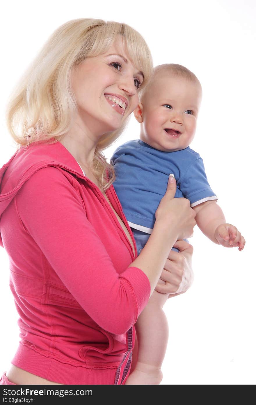 Happy mother and baby over white