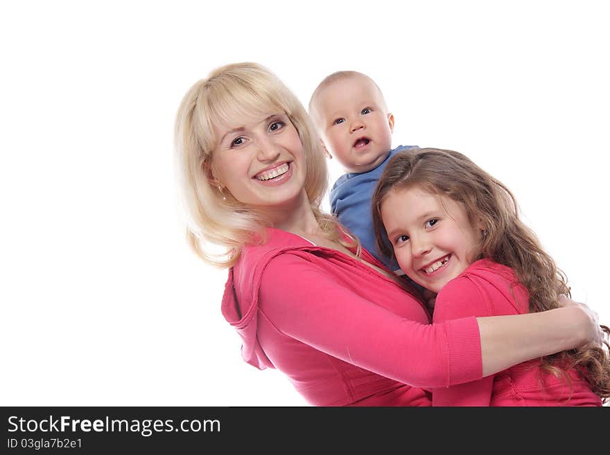 Mother and two chidren over white