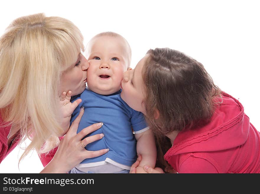 Mother and two chidren over white