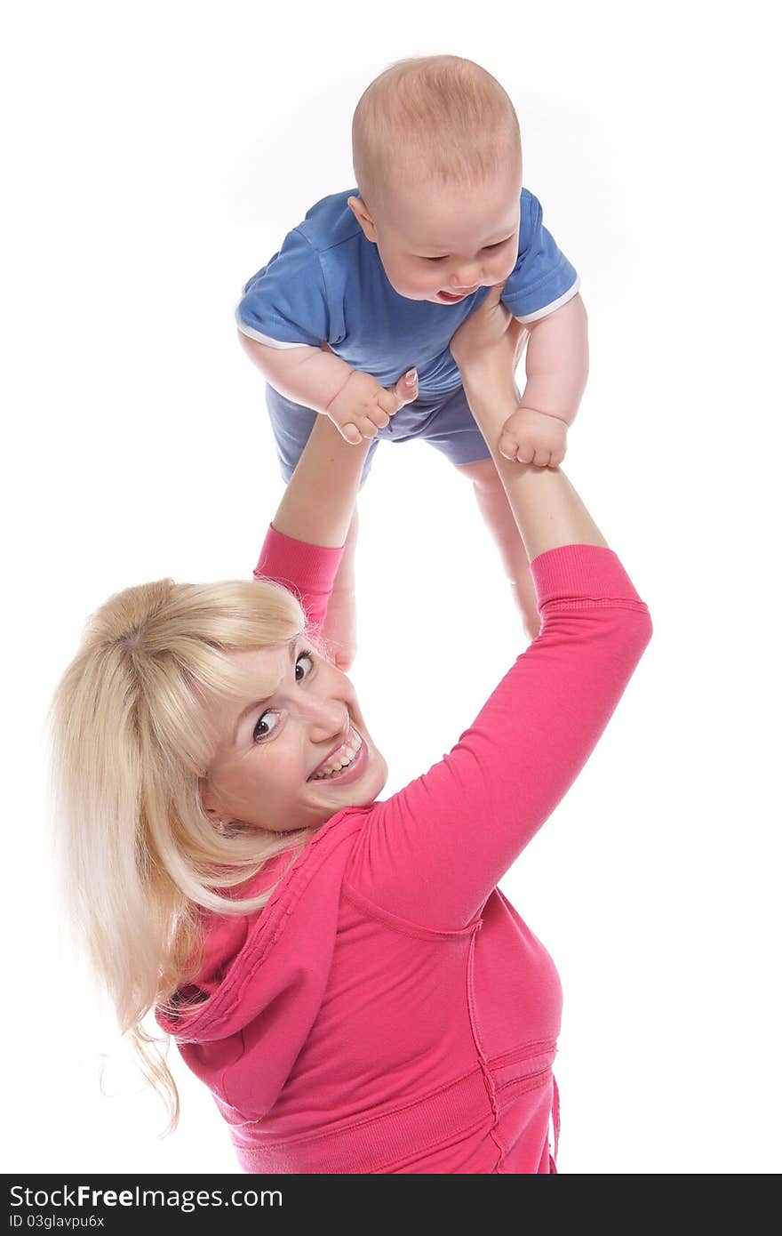 Happy mother and baby playing over white