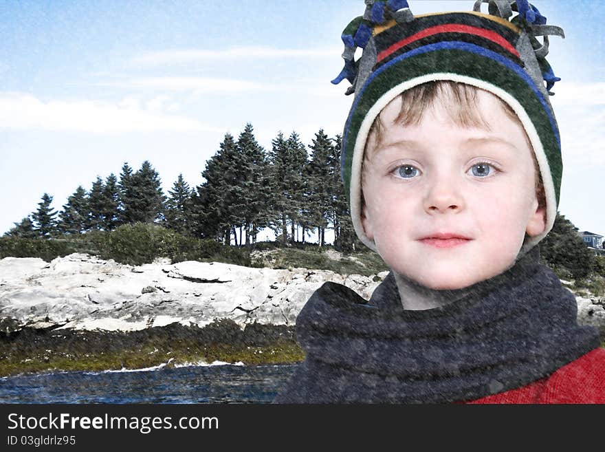 Happy Boy In Winter Clothes At Lake Park In Snow