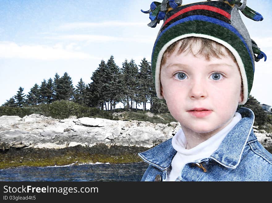 Attractive five year old caucasian boy in hat and jacket at lake park in snow. Attractive five year old caucasian boy in hat and jacket at lake park in snow.