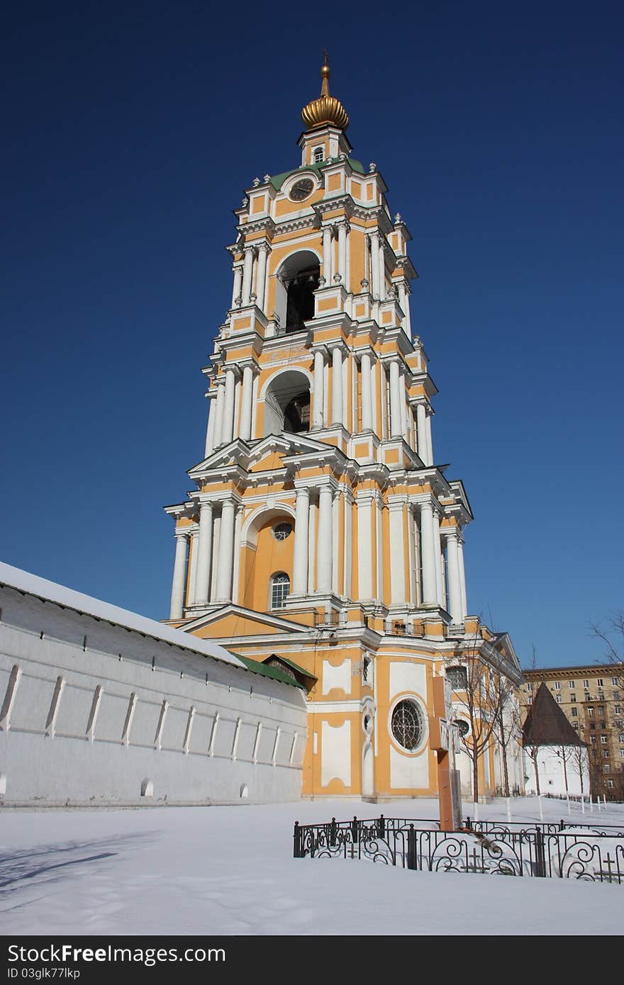 Russia, Moscow. Novospassky monastery stavropigial′nyj. Bell Tower of the Temple of St. Sergius of  Radonezh. Russia, Moscow. Novospassky monastery stavropigial′nyj. Bell Tower of the Temple of St. Sergius of  Radonezh.