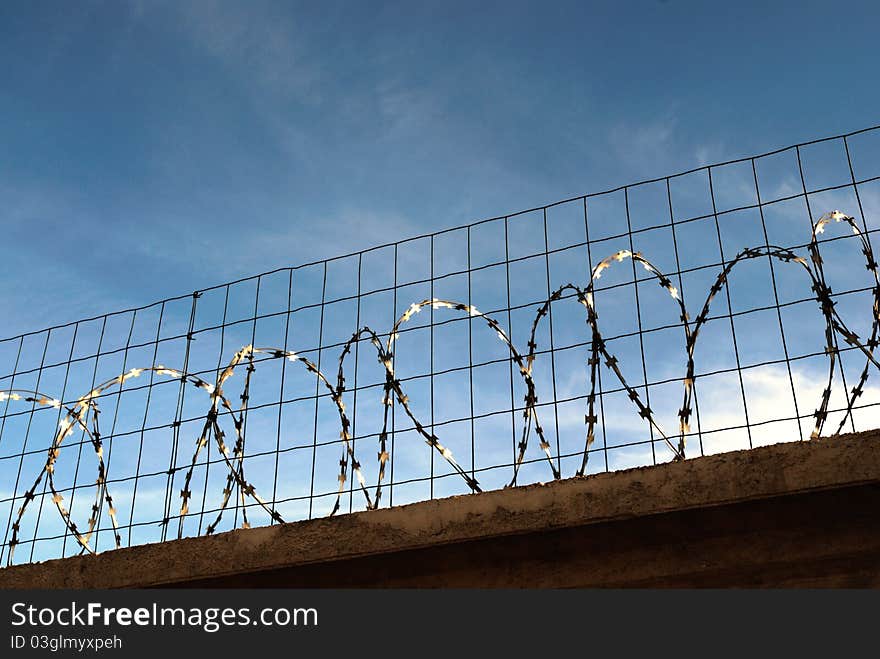 Barbed wire on a blue sky