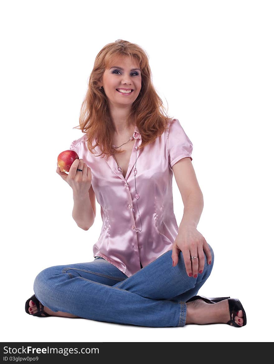 Senior Woman In Jeans Sit With Apple