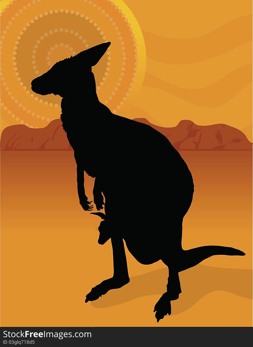 A silhouette of a kangaroo with her joey on a background of the outback with an aboringinal sun. A silhouette of a kangaroo with her joey on a background of the outback with an aboringinal sun.