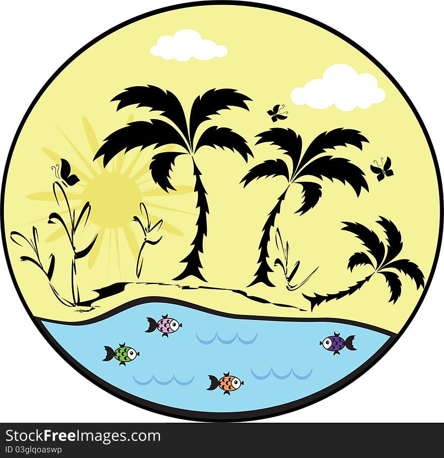 Summer icon with palm tree,sea and fish.