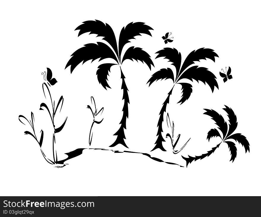 Palm trees and butterflies,silhouette. Palm trees and butterflies,silhouette