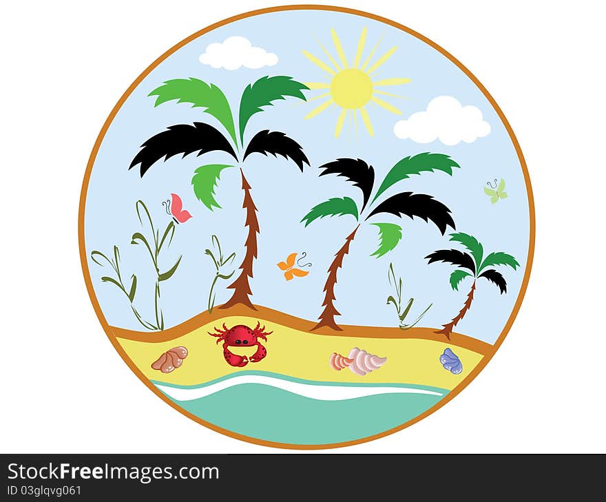 Summer icon with palm tree,sea and shell