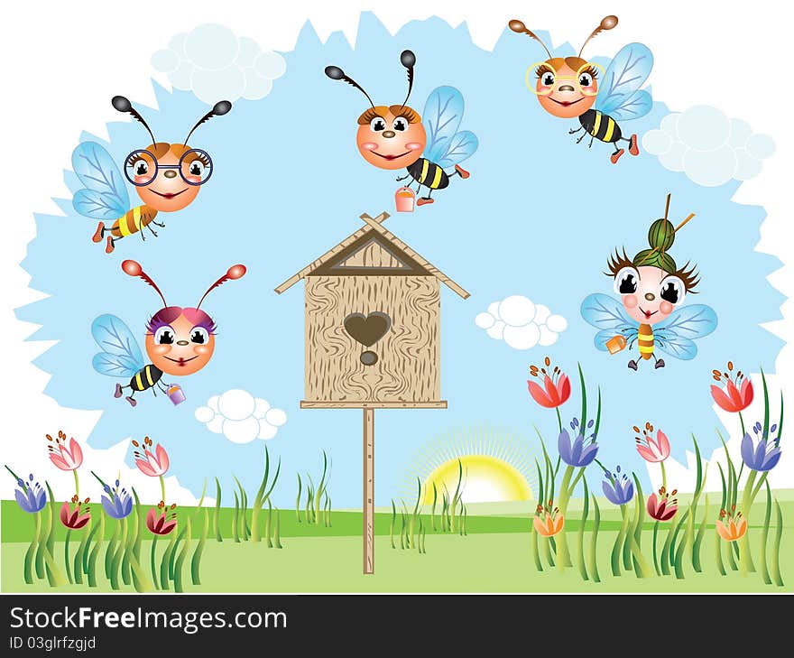 Funny bees and beehive,outdoor