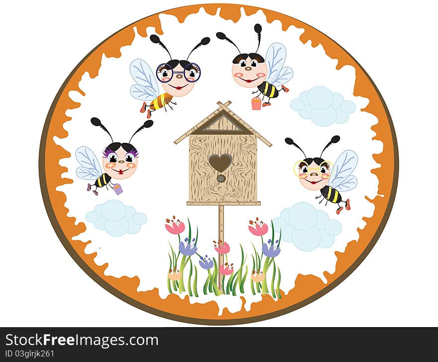 Funny bees and beehive,round icon