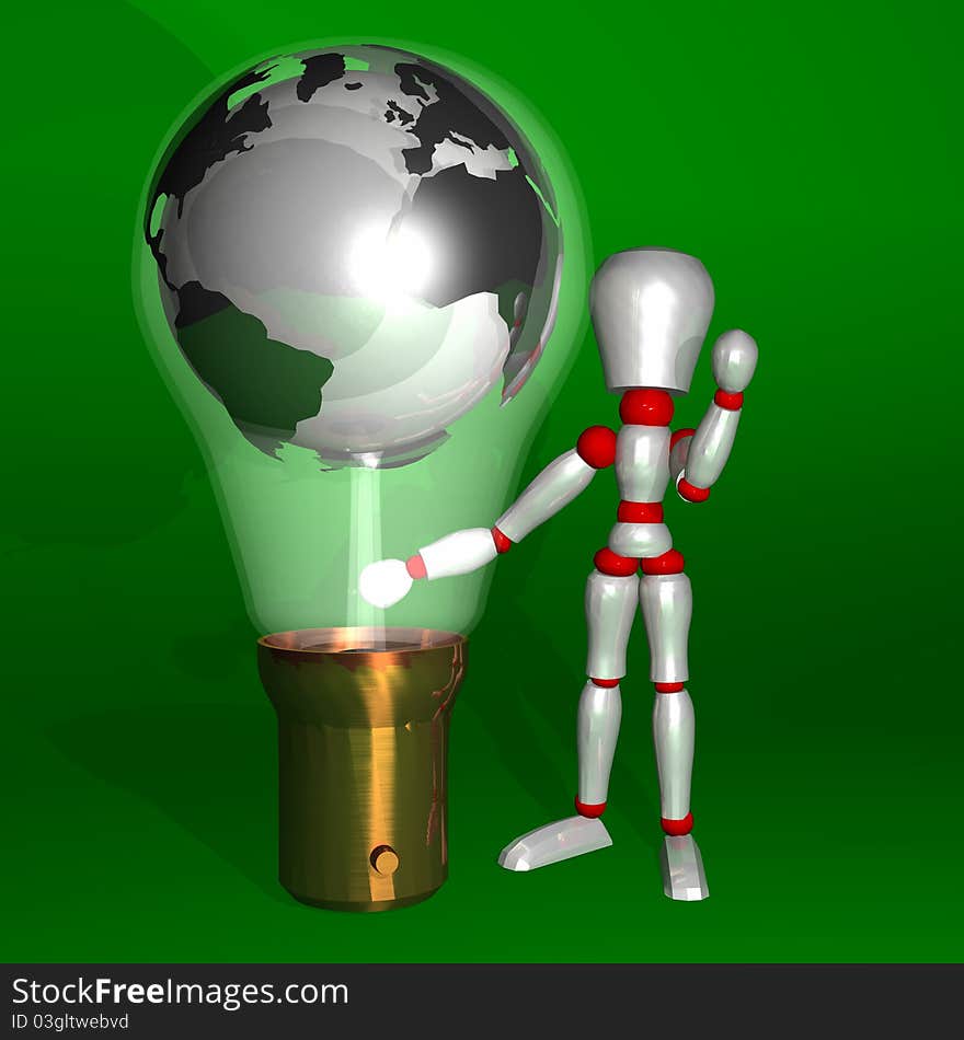 Character's illustration with bulb and planet earth. Character's illustration with bulb and planet earth