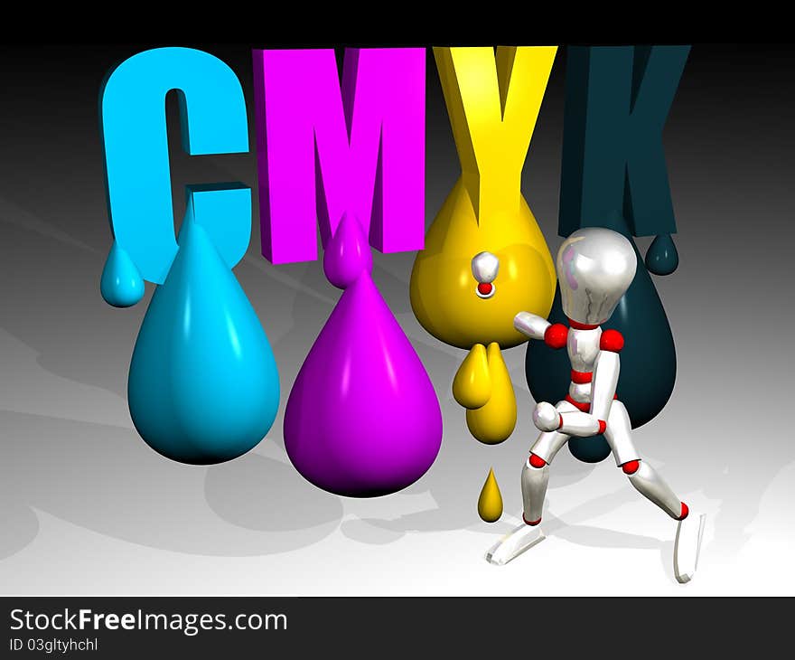 Character's illustration with the initials CMYK