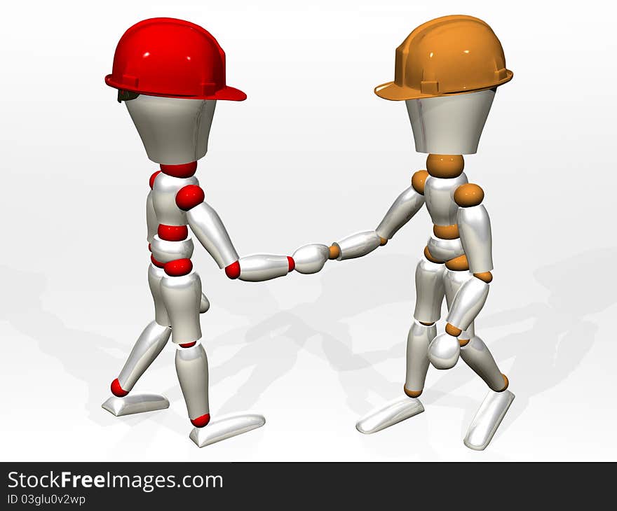 Two characters' illustration being shaken hands with worker's helmet. Two characters' illustration being shaken hands with worker's helmet