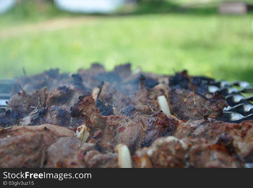 Barbecue - fry beef meat and onion