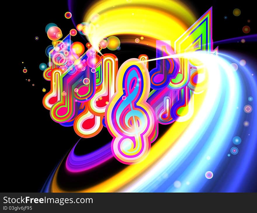 Dynamic interplay of abstract color forms and musical symbols on the subject of entertainment, sound and music. Dynamic interplay of abstract color forms and musical symbols on the subject of entertainment, sound and music