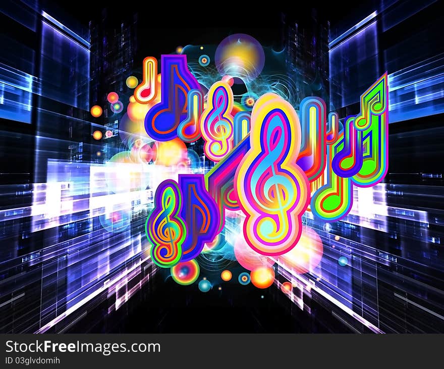 Dynamic interplay of abstract color forms and musical symbols on the subject of entertainment, sound and music. Dynamic interplay of abstract color forms and musical symbols on the subject of entertainment, sound and music